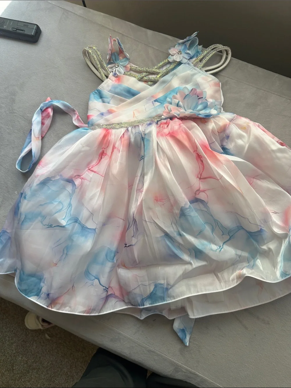Girls' Pastel Watercolor Party Dress with Floral Detail
